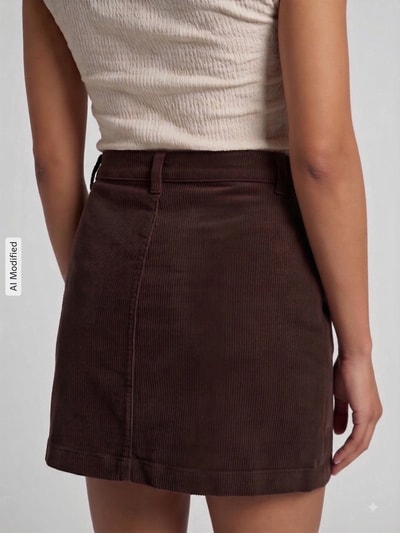 Frauenmodel trägt Eng anliegender Mini-Rock aus Baumwoll-Mix Modell 'AMAZING' von ONLY, braun, feine Rippenstruktur, Ganzkörperansicht Rückansicht, Damen Mini-Rock von ONLY, KI-modifiziertes Bild.