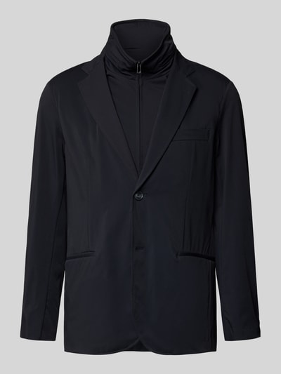 Produktfoto, Regular Fit Jacke mit Stehkragen von Emporio Armani in Schwarz, elastischer Material-Mix, Reverskragen, Reißverschluss, 2-Knopfleiste, Brusttasche, Paspeltaschen, glatte Oberfläche