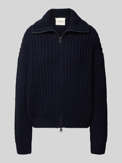 Produktfoto, Strickjacke aus Wolle mit Umlegekragen von Closed, grob gestrickt, dunkelblau, Zweiwege-Reißverschluss, Straight Fit