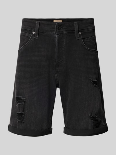 Produktfoto, schwarze Jeansshorts mit Umschlag Modell 'RICK' von Jack & Jones aus Baumwoll-Mix mit Stretch-Anteil, Regular-Fit, dezente Used-Optik