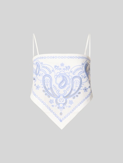 Produktfoto, Crop Bandeau-Top aus Leinen-Mix von Self-Portrait in Weiß mit blauen Paisley-Stickereien, Spaghettiträger, Schleife hinten, Regular Fit