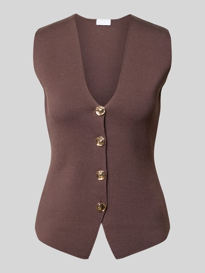 Produktfoto, Strickweste mit V-Ausschnitt und Knopfleiste von Jake*s Cocktail, braun, Slim-Fit, Material-Mix mit Viskose-Anteil, Rückenlänge 51 cm bei Größe 36, goldene Knöpfe, feine Strickstruktur.