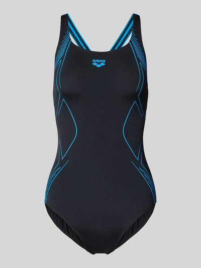 Produktfoto, Slim Fit Badeanzug mit Logo-Print von Arena in Schwarz mit blauen Linien, Rundhalsausschnitt, Ärmelloses-Design, glatte Textur