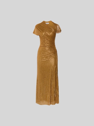 Produktfoto, Maxikleid mit Allover-Ziersteinbesatz von Self-Portrait im goldfarbenen Elastischer-Material-Mix, Slim-Fit, asymmetrischer Ausschnitt, kurzärmelig, strukturierte Textur