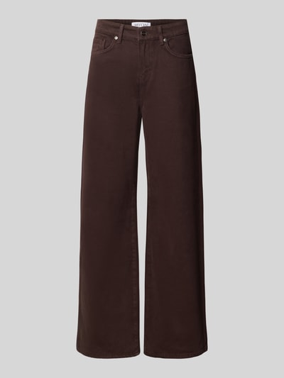 Produktfoto, Relaxed Fit Jeans aus reiner Baumwolle von MYON in Dunkelbraun, 5-Pocket-Design, glatte Struktur, mittelhoher Bund, Damenmode