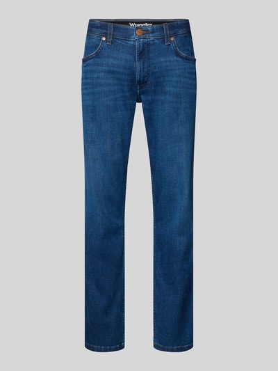 Produktfoto, Straight Fit Jeans im 5-Pocket-Design Modell 'Greensboro' von Wrangler aus blauem Baumwoll-Mix mit Stretch-Anteil, gerader Schnitt