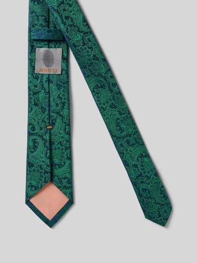 Produktfoto, Seidenkrawatte mit Paisley-Muster von MONTI, Reine Seide, klassische Form, Schlaufe, Label-Detail, 7 cm Breite, grün gemustert