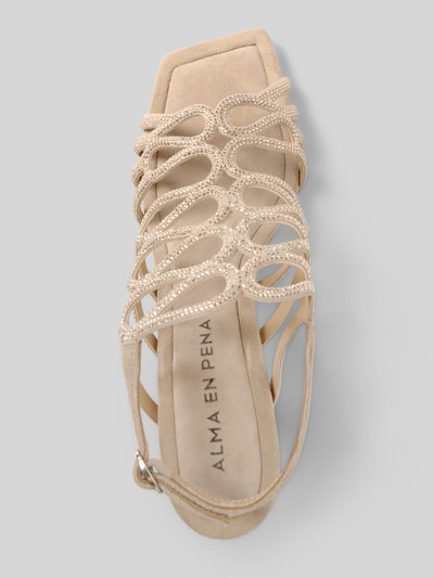 Produktfoto, Sandalette mit Ziersteinbesatz und Pfennigabsatz von ALMA EN PENA in Beige, offene Form, Details aus glänzenden Steinen, Absatzhöhe 9 cm