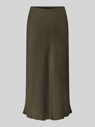 Produktfoto, olivgrüner Midirock aus Satin Modell 'Odini' von someday, glatte Oberfläche, elastischer Bund, gerade Form, Damenmode.