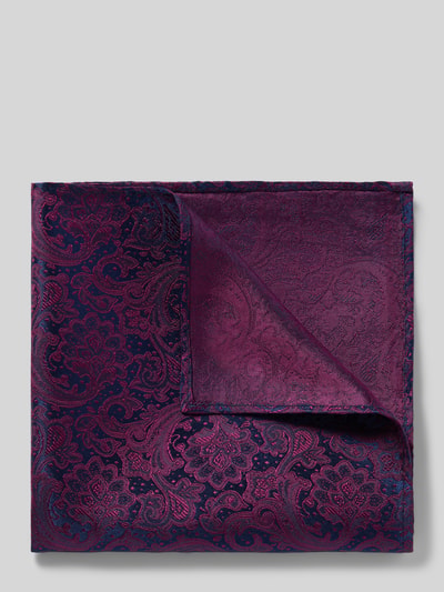 Produktfoto, Seideneinstecktuch mit Allover-Muster von MONTI in Lila und Dunkelblau, quadratisch, reine Seide, Maße 27 cm x 27 cm, eingefasste Abschlüsse.
