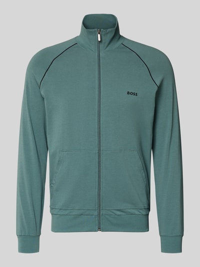 Produktfoto, Regular Fit bluza rozpinana z mieszanki bawełny Model 'MIX&MATCH JACKET Z' od BOSS, jednolity kolor, długi rękaw, stójka, kieszeń kangurka, zamek błyskawiczny, wyhaftowane logo, paski w kontrastowym kolorze.