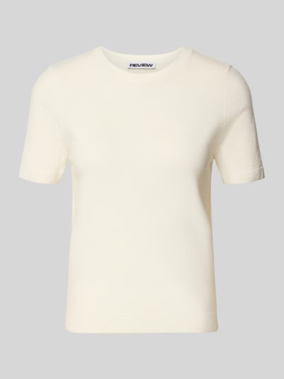 Produktfoto, Strickshirt aus Viskose-Mix mit Rundhalsausschnitt von Review, cremefarben, Regular Fit, Rippbündchen, glatte Textur.
