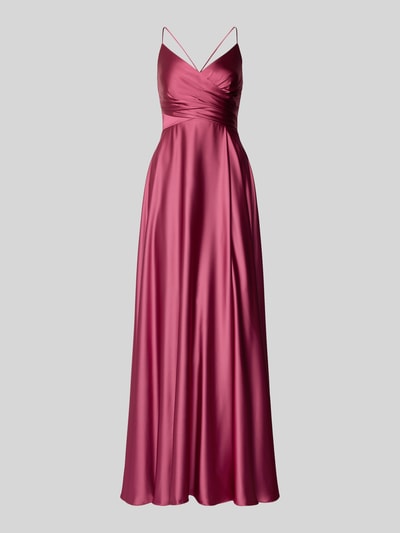 Produktfoto, satynowe Abendkleid in Wickel-Optik von Jake*s Cocktail w kolorze malinoworóżowym, krój slim fit, dekolt V, ramiączka spaghetti, sznurowanie z tyłu, długość maxi, zamek w szwie, długość tyłu w rozmiarze 36: 130 cm, szerokość w rozmiarze 36: 34 cm