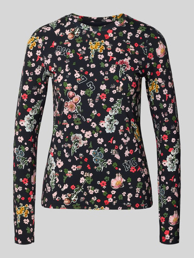 Produktfoto, Longsleeve mit Label-Print van Marc Cain in zwart met kleurrijke bloemen, Materiaalmix met stretch, getailleerd model, ronde hals, ruglengte maat 36: 57 cm