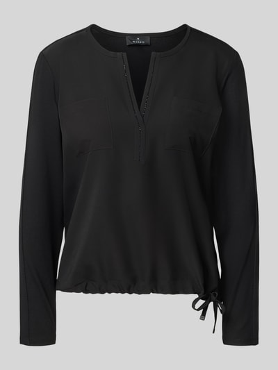 Productfoto, Regular Fit Bluse mit Brusttaschen van monari, zwarte blouse met tuniekhals, siersteentjes, lange mouwen, dames blouse.
