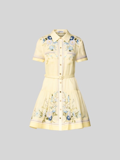 Produktfoto, Minikleid mit Seide-Anteil von Self-Portrait, taillierte Passform, Baumwollmix, gelbe Farbe mit floralen Mustern, kurze Ärmel, Brusttaschen und Gürtel, strukturierte Textur, angenehmer Glanz, 85 cm Länge, 48 cm Brustweite, 19 cm Ärmellänge