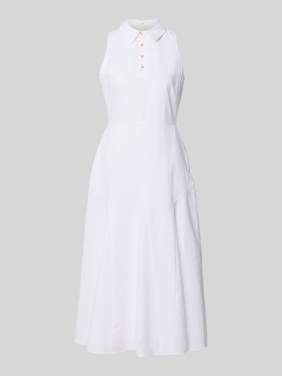 Produktfoto, weißes Midikleid mit Umlegekragen und Knopfleiste aus Material-Mix mit Baumwoll-Anteil, taillierte Passform, Modell 'Meeha' von Ted Baker.