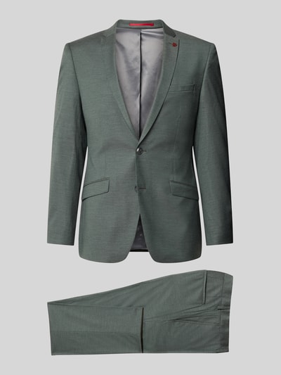 Produktfoto, Slim Fit Anzug aus Schurwoll-Mix mit Viskose-Anteil von ROY ROBSON in gedecktem Grün mit Reverskragen und Pattentaschen, glatte Textur, klassische 2-Knopfleiste, Hose mit Bügelfalte, Haken- und Reißverschluss, Kontext: elastischer Schurwoll-Mix, Vorderansicht.