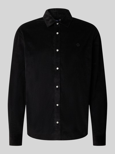 Produktfoto, Regular Fit Freizeithemd mit Label-Stitching von MCNEAL in Schwarz, reine Baumwolle, Cordstruktur, Kentkragen, Markenlogo.