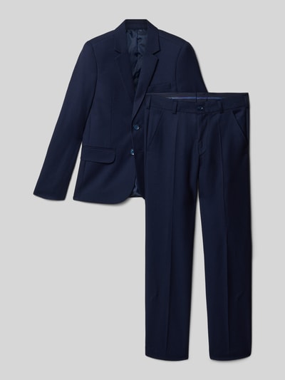 Produktfoto, dunkelblauer Slim Fit Anzug mit Viskose-Anteil von Standar, klassische Formen, glatte Textur, Kindermode, Sakko mit Reverskragen, Brust- und Pattentaschen, Hose mit Bundweite 35 cm, Rückenlänge 57 cm, Schulterbreite 33 cm, Ärmellänge 55 cm, Innenbeinlänge 70 cm