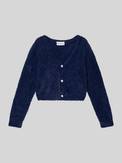 Productfoto, Regular Fit Cardigan met siersteentjes van DANAMADE in gebreide look, V-hals, knoopsluiting, donkerblauw, zachte textuur.