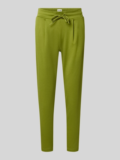 Produktfoto, Slim Fit Hose mit Viskose-Anteil Modell 'KATE' von ICHI in Grün, elastischer Bund mit Tunnelzug, verkürzte Passform
