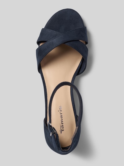 Produktfoto, dunkelblaue Sandaletten in Velours-Optik von Tamaris, offene Sandalen-Form, glatte Textur, Damen Sandaletten