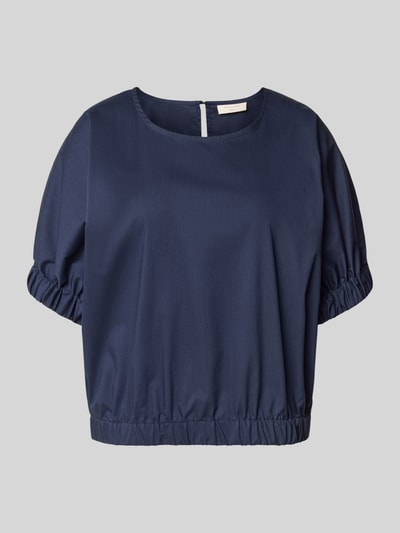 Produktfoto, Blusenshirt mit Rundhalsausschnitt von FREE/QUENT, dunkles Blau, Material-Mix mit Baumwoll-Anteil, Gerader-Schnitt, 1/2-Arm, Rückenlänge 52 cm, Ärmellänge 23 cm, glatte Oberfläche, schlichte Optik