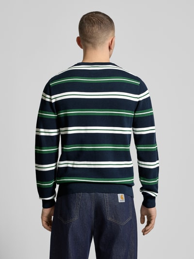 Männermodel trägt Regular Fit Sweatshirt aus reiner Baumwolle von Levi's®, dunkelblau mit weißen und grünen Streifen, Ganzkörperansicht Rückansicht.