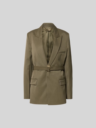 Produktfoto, Longblazer aus Woll-Mix von Victoria Beckham in Olivgrün mit Taillengürtel und D-Ring-Verschluss, Patten- und Brusttaschen, taillierte Passform, langärmeliges Design, Rückseite 79 cm, Brustweite 49 cm, Taillenweite 42 cm, Ärmellänge 67 cm.