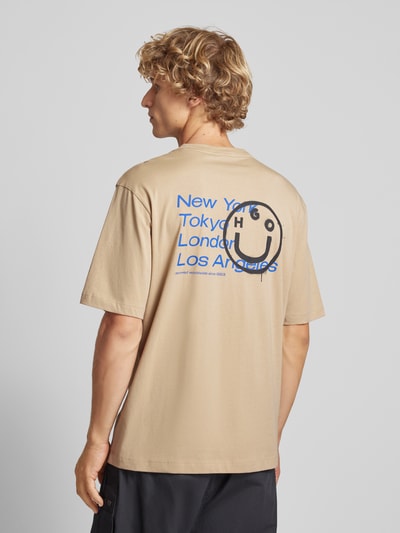 Hugo Blue T-shirt met label- en motiefprint, model 'Nugoyork' Beige - 5