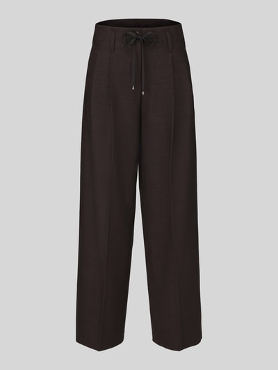 Produktfoto, Fashion Fit Bundfaltenhose mit Schurwoll-Anteil Modell 'Addison' von CAMBIO in dunklem Melange-Ton, Twill-Struktur, reguläre Länge, sichtbarer Tunnelzug am Bund, seitliche Eingrifftaschen, Label Stitching, schlichte, gerade Silhouette.