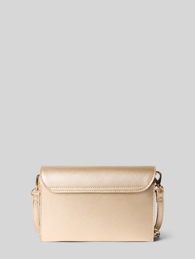 Produktfoto, Umhängetasche mit Label-Detail Modell 'EMBER' von VALENTINO BAGS in Beige mit feiner Struktur, Magnetverschluss, Umschlag, Hauptfach, Reißverschlussfach innen, verstellbarer Schultergurt, Breite 20 cm, Länge 12 cm, Tiefe 6 cm, Länge Schulterriemen 120 cm.
