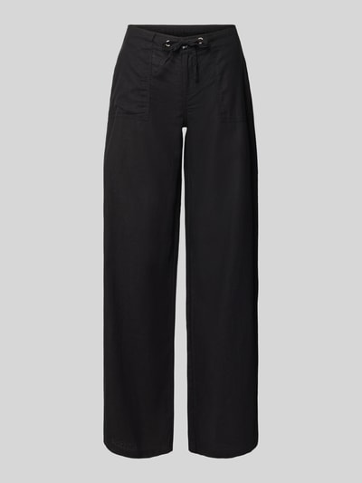Produktfoto, Mid Waist Hose aus Leinen-Baumwoll-Mix von Gina Tricot in Schwarz mit weitem Bein, Eingrifftaschen, Tunnelzug, glatte Textur