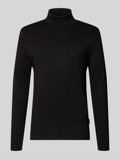Produktfoto, zwart shirt met lange mouwen Longsleeve met Rollkragen van HECHTER PARIS, puur katoen, recht model, col, labeldetail, ruglengte maat M 72 cm
