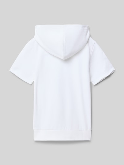 Produktfoto, weißes Regular Fit T-Shirt mit Kapuze von CHAMPION aus Baumwoll-Mix, elastischer Bund, kurze Ärmel, Rückansicht.