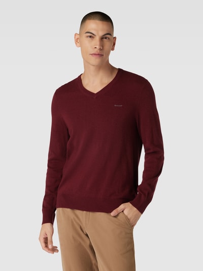 Gant Gebreide pullover van lamswolmix met V-hals Bordeaux - 4