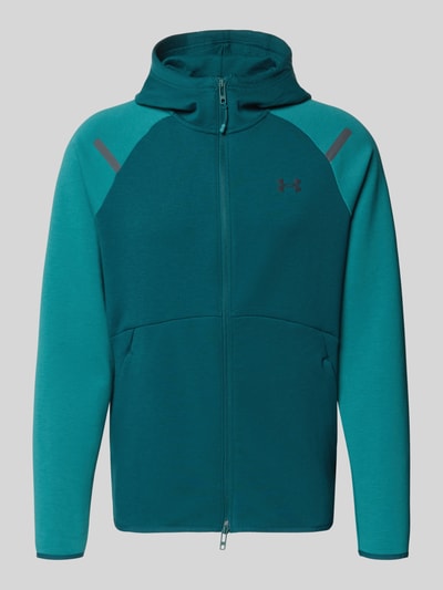 Produktfoto, Regular Fit Jacke mit Kapuze Modell 'Unstoppable' von Under Armour in Türkis, Elastischer-Material-Mix mit Baumwoll-Anteil, Logo-Print, geteilte Känguru-Tasche, Zweiwege-Reißverschluss, elastische Abschlüsse, Herren, Rückenlänge 75 cm, Ärmellänge 57 cm