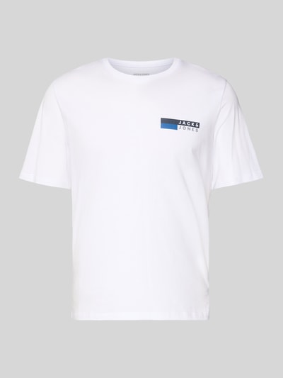 Produktfoto, Herren T-Shirt mit Rundhalsausschnitt aus reiner Baumwolle, Unifarbenes-Design, Label-Print, Modell 'CORP' von JACK & JONES, gerade Passform, Rückenlänge bei Größe M 70 cm