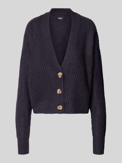 Produktfoto, donkerblauw gebreid jack met v-hals, grove textuur en grote knopen, Boxy Fit Strickjacke mit V-Ausschnitt Modell 'CAROL' van ONLY, Dames