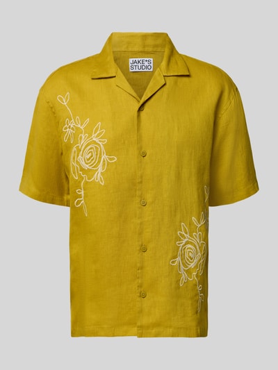 Produktfoto, Regular Fit Freizeithemd aus reinen Leinen von JAKE*S STUDIO MEN in Gelb mit floralem Stitching, Reverskragen, Knopfleiste.