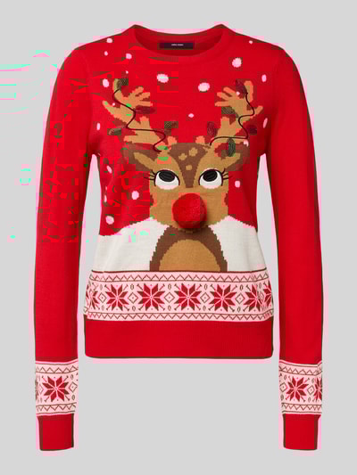 Vero Moda Sweter świąteczny o kroju regular fit z pomponem model ‘FROSTYDEER’ Czerwony 2
