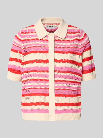 Produktfoto, Regular Fit Poloshirt aus Strick Modell 'LULA' von Only w paski, dziurkowany wzór, krój regular fit, dzianina, kołnierzyk polo, krótki rękaw, ściągacze, odcienie kremowego, różowego i czerwonego