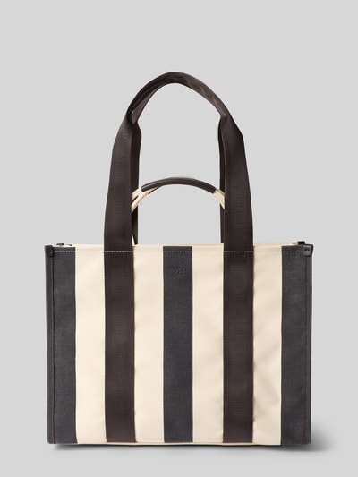 Produktfoto, Shopper mit Streifenmuster Modell 'SANDY TOTE ST' von BOSS mit Optik:Allover-Muster in Beige und Schwarz, zwei Tragehenkel-Paare, Label-Print, Reißverschluss, Hauptfach, Einschubfach innen, strukturierte Oberfläche