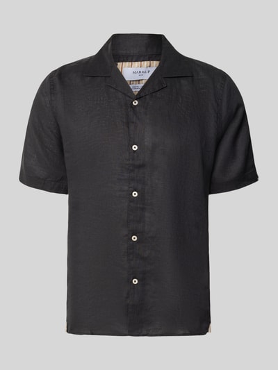 Produktfoto, Modern Fit Freizeithemd aus Leinen Modell 'CAMICIA' von MARKUP in Schwarz mit Kentkragen und Knopfleiste, glatte Textur