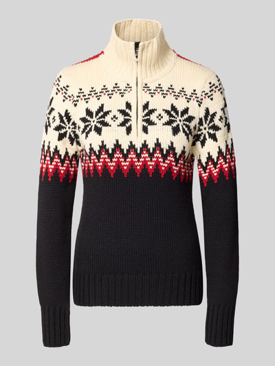 Produktfoto, Strickpullover aus Woll-Mix mit Stehkragen Modell 'Myking' von Dale of Norway, Allover-Muster in Schwarz, Creme und Rot, strukturierte Oberfläche