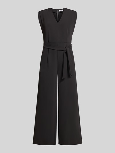 Produktfoto, Jumpsuit mit V-Ausschnitt und Bindegürtel von Comma in Schwarz, Material-Mix mit Stretch-Anteil, Regular-Fit, glatte Textur