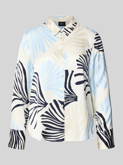 Produktfoto, Regular Fit Hemdbluse aus reiner Viskose van s.Oliver BLACK LABEL met all-over motief in beige, lichtblauw en donkerblauw, satijnlook, knoopsluiting, lange mouwen, licht afgeronde rompzoom, materiaal: zuiver viscose