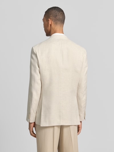 Männermodel trägt Regular Fit Sakko aus Leinen-Mix mit Seide-Anteil Modell 'H-JANSON-FL-261' von BOSS, Allover-Muster, Hahnentritt-Muster, Longline, Reverskragen, 2-Knopf-Verschluss, Kissing-Buttons, Rückansicht, Ganzkörperansicht Rückansicht.