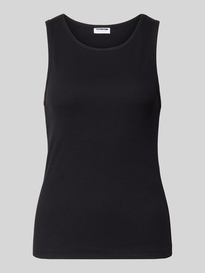 Produktfoto, czarny top Tanktop in Ripp-Optik Modell 'MAYA' od Noisy May, mieszanka bawełny i elastanu, krój regular fit, okrągły dekolt, długość tyłu w rozmiarze S: 52 cm, efekt prążkowania